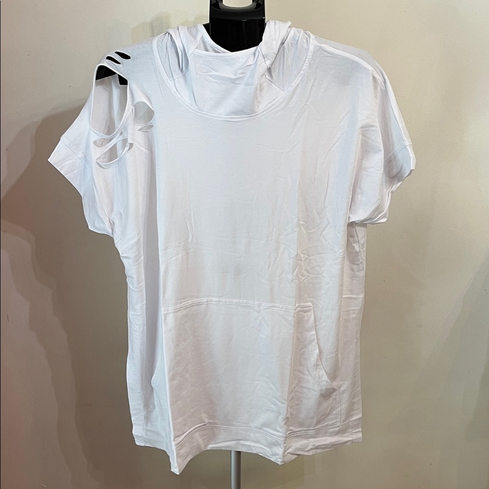 NWT Mono B White Tunic Distressed Short Sleeve Hoodie